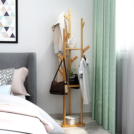 5.5FT Wooden Coat Rack with Hooks
