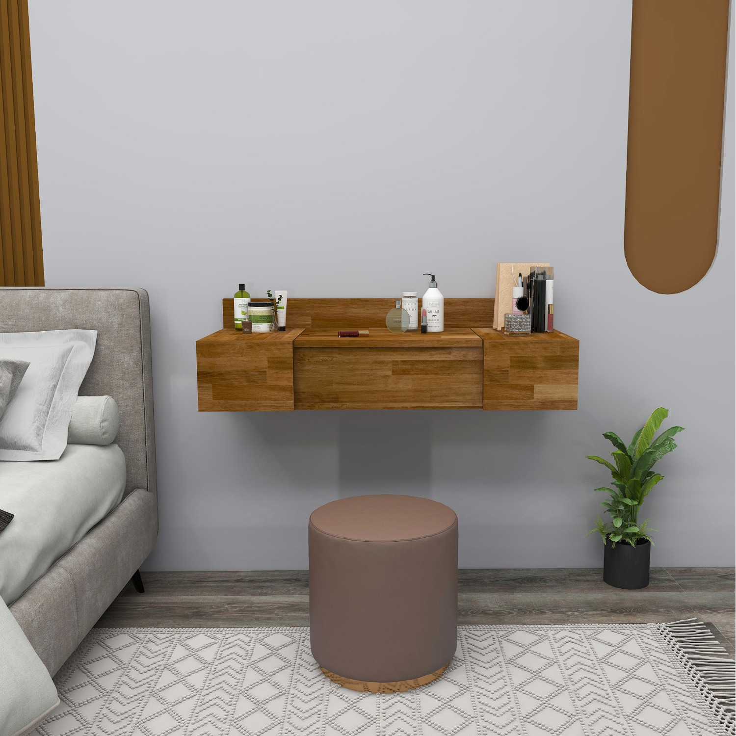 Solid Pine Wood Handmade Vanity Dressing Table With Mirror Beryl - Walnut