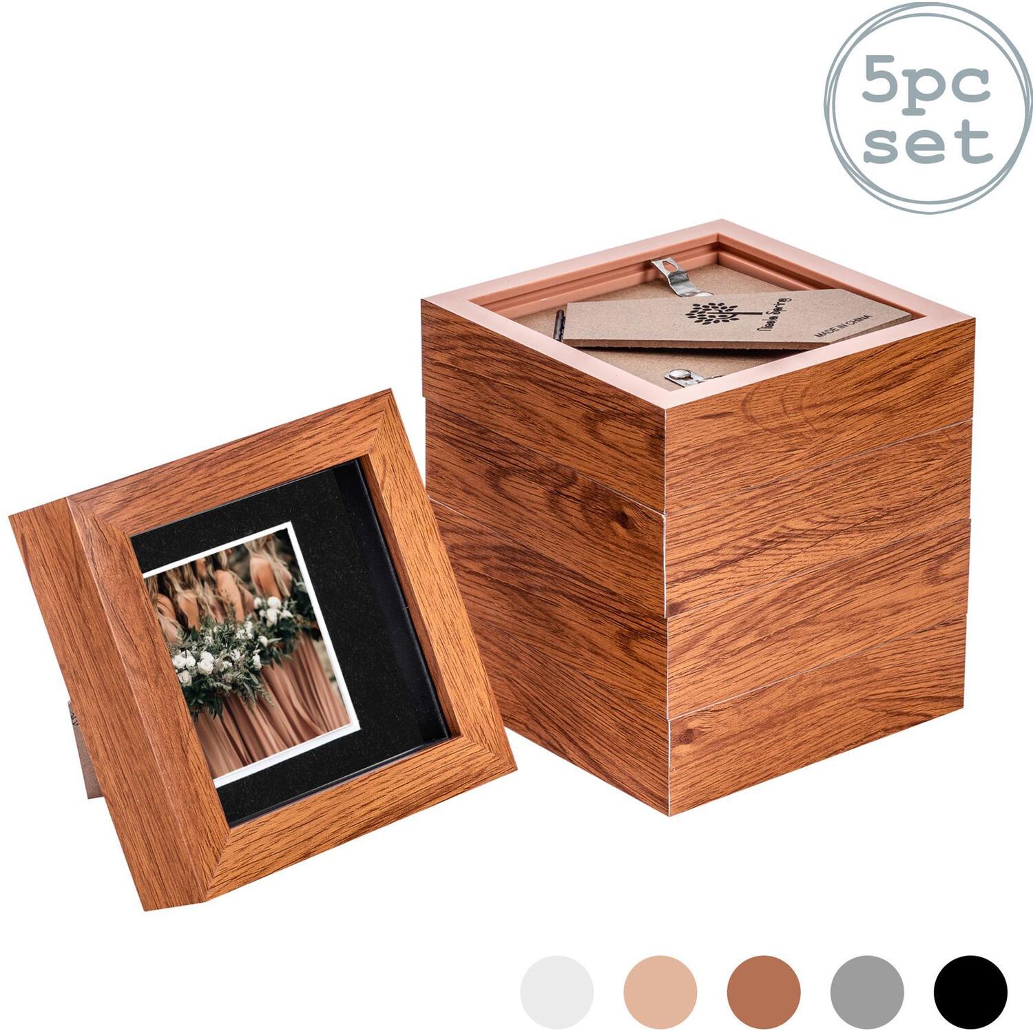 3D Box Photo Frame - 4 x 4" with 2 x 2" Mount - Pack of 5 - Dark Wood/Black / 10cm