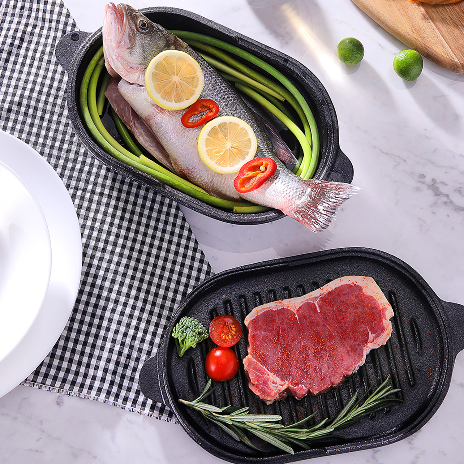 Black Oval Cast Iron Frying Pan with Roasting Dish Lid - Black
