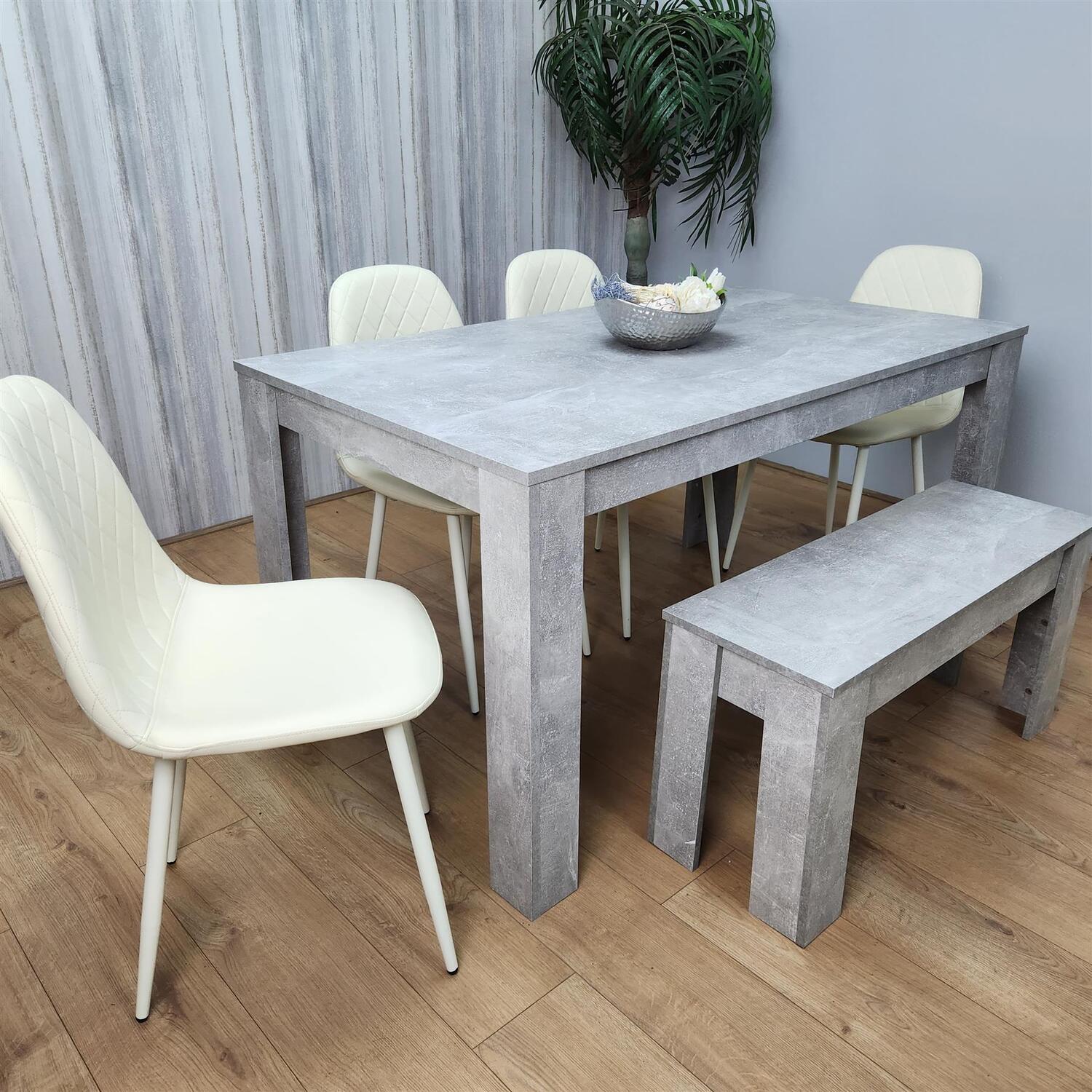Dining Table Set, Stone Grey Effect with 4 Cream Leather Chairs and 1 Bench