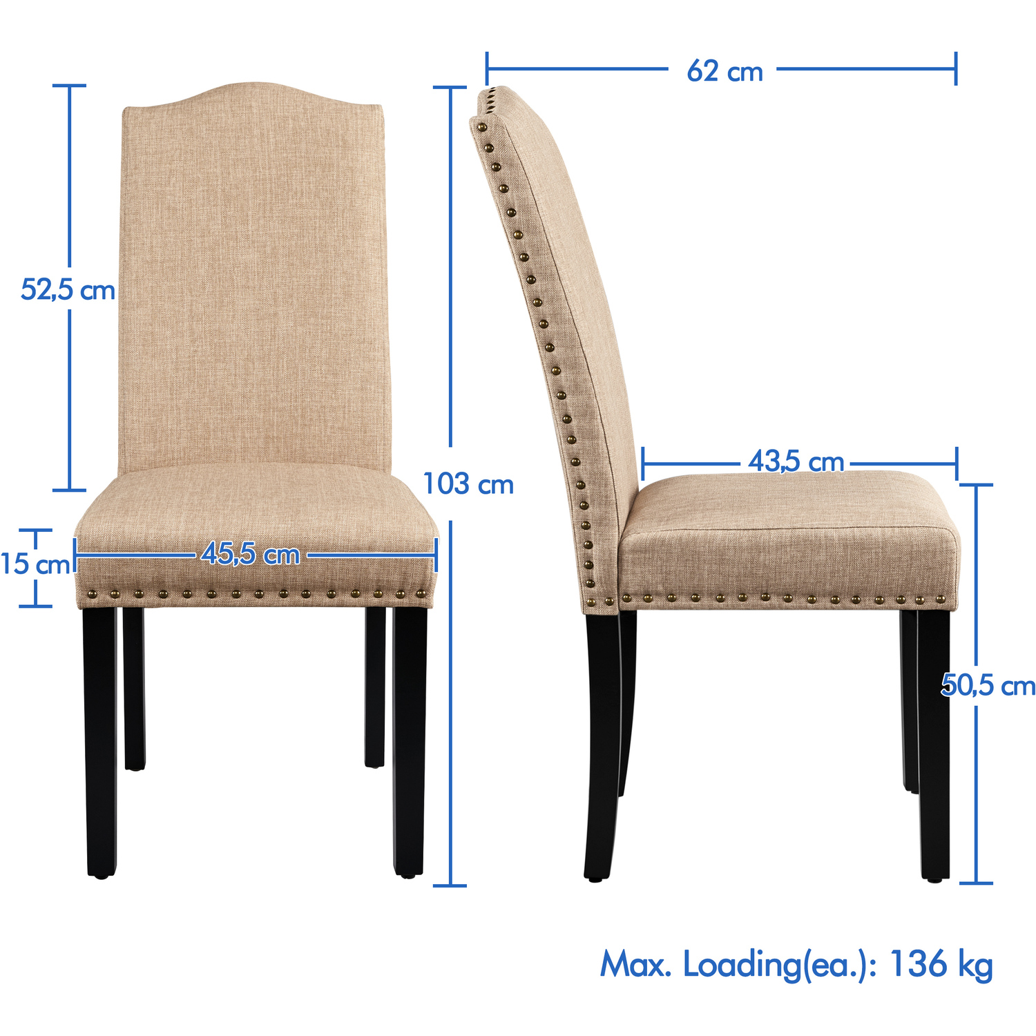 Set Of 2 Fabric Dining Chair With Nailhead Trim - Khaki