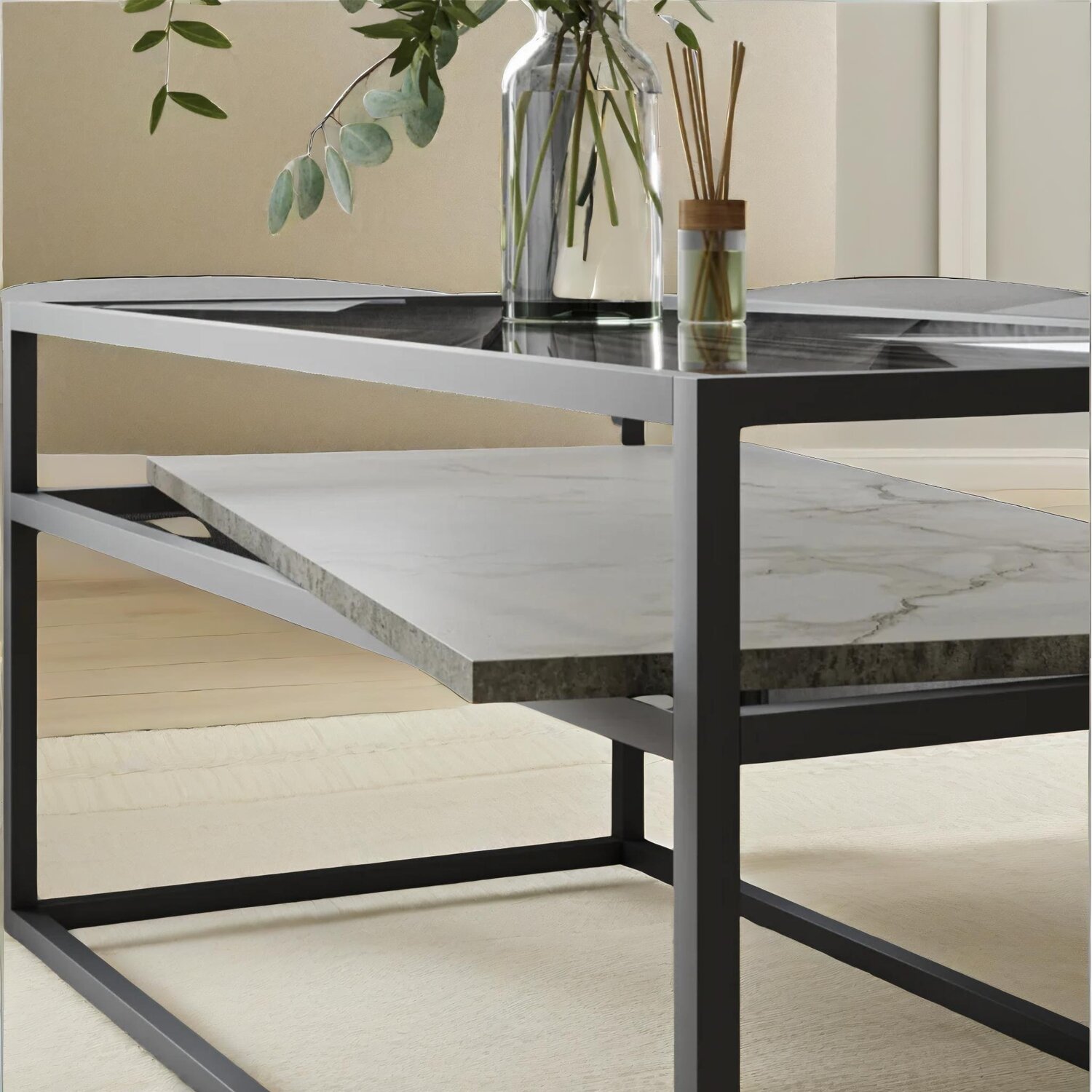 Glass Top Coffee Table With Steel Frame - Concrete Concrete