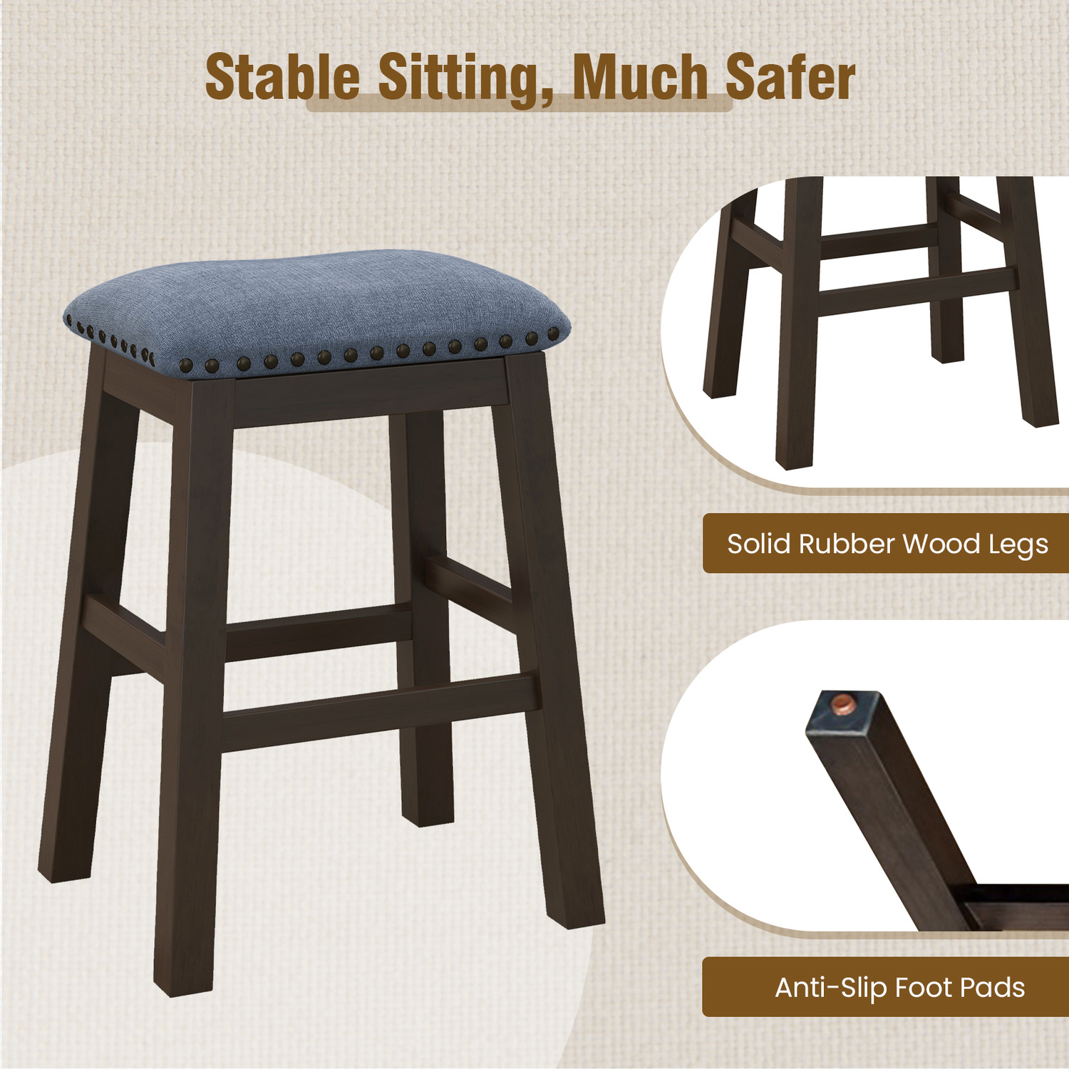 Set Of 2 Bar Stools Saddle Padded Seat Stool Counter Height Stools - Brown