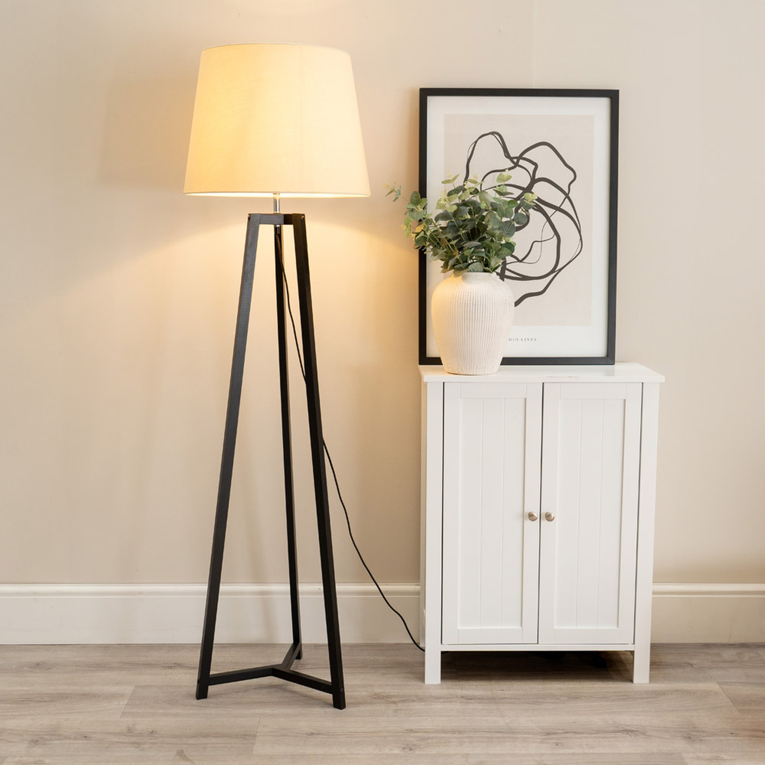 Lottie Wood Floor Lamp with Tapered Shade and LED Bulb - Beige