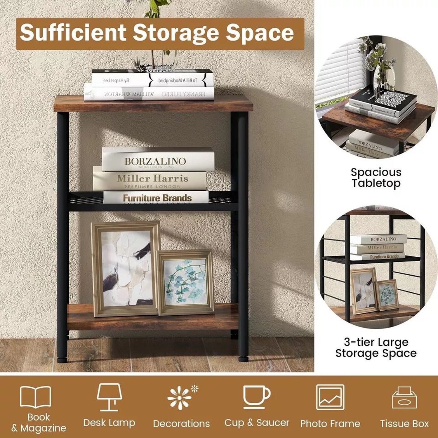 Minimalist Bedside Table With 2 Shelves - Brown
