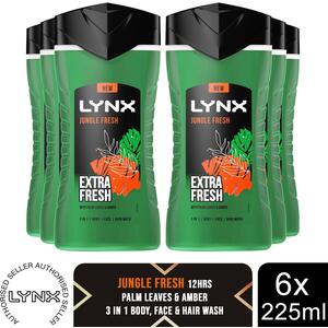 Lynx 3in1 Body, Face  Hair Wash Shower Gel Extra Fresh Jungle Fresh 225ml, 6pk
