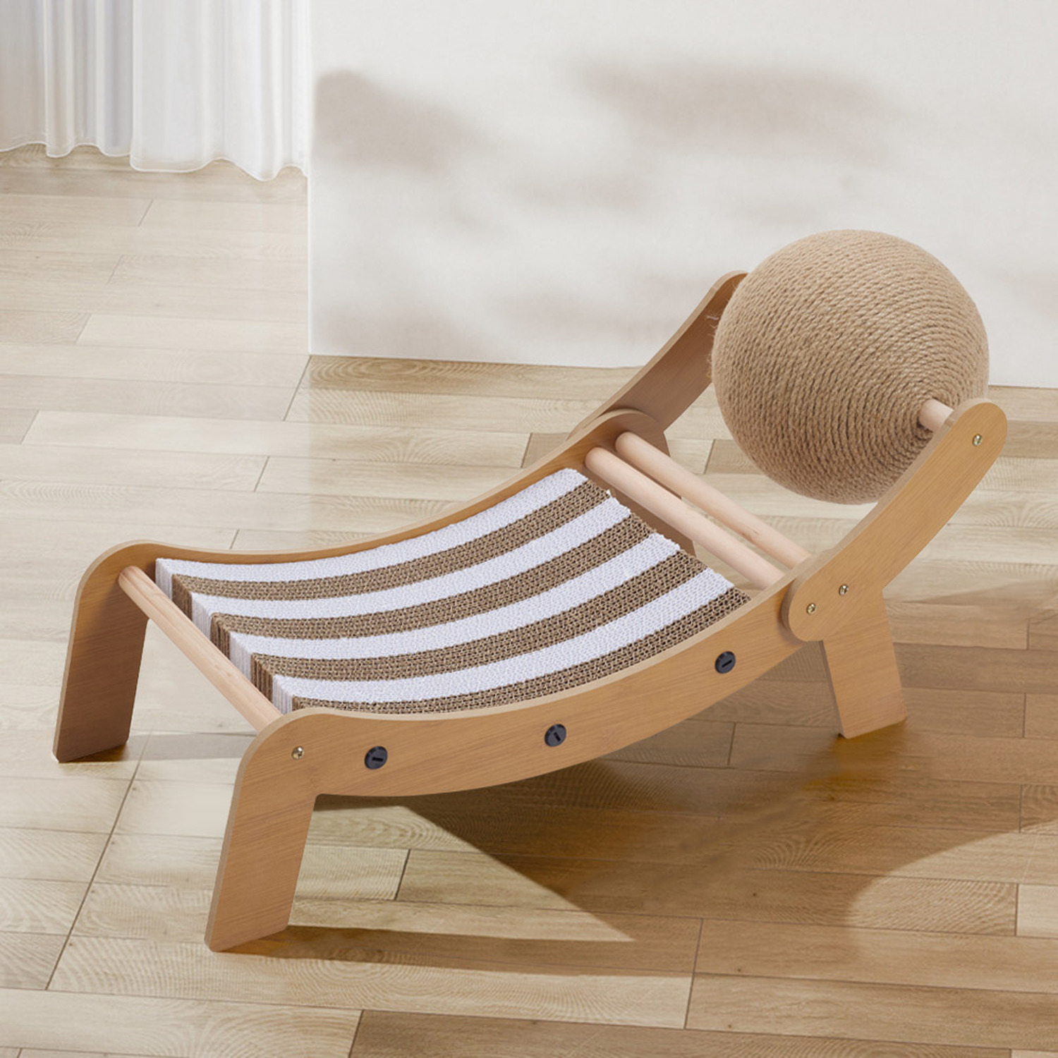 Livingandhome Striped Lounge Cat Scratcher With Large Sisal Toy Ball - White + Brown