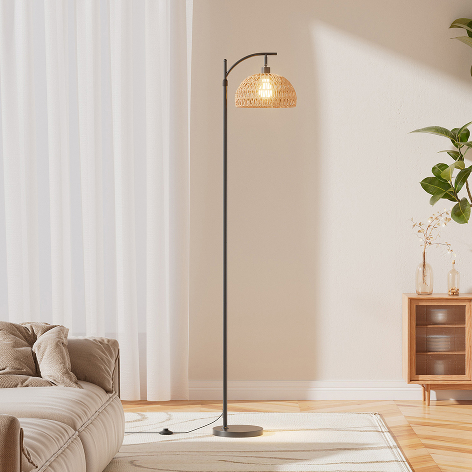 Rattan Lampshade Dimmable LED Floor Lamp - Black + Brown