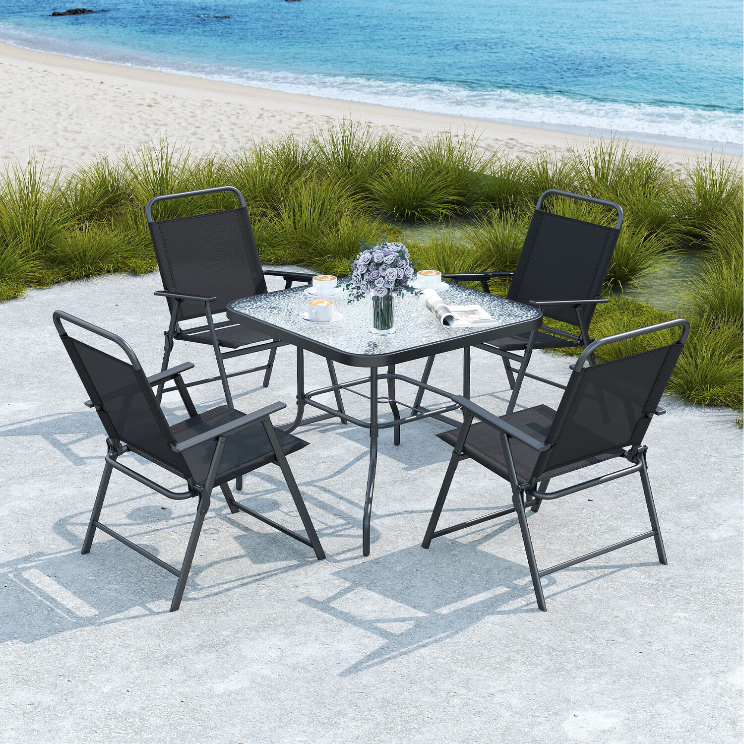 6 Pieces Outdoor Dining Set With Umbrella - Black