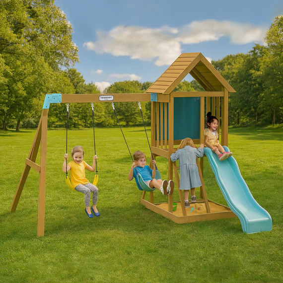 Large Wooden Swing Set with Slide and Swings