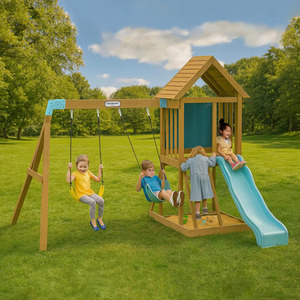Large Wooden Swing Set with Slide and Swings