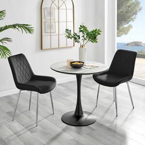 Elina White Marble Effect Round Dining Table and 2 Pesaro Silver Chairs