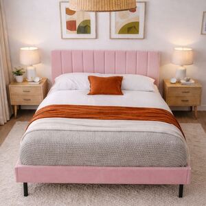 Aspire Verona Plush Velvet Bed Frame with Padded Headboard, Upholstered Platform Bed