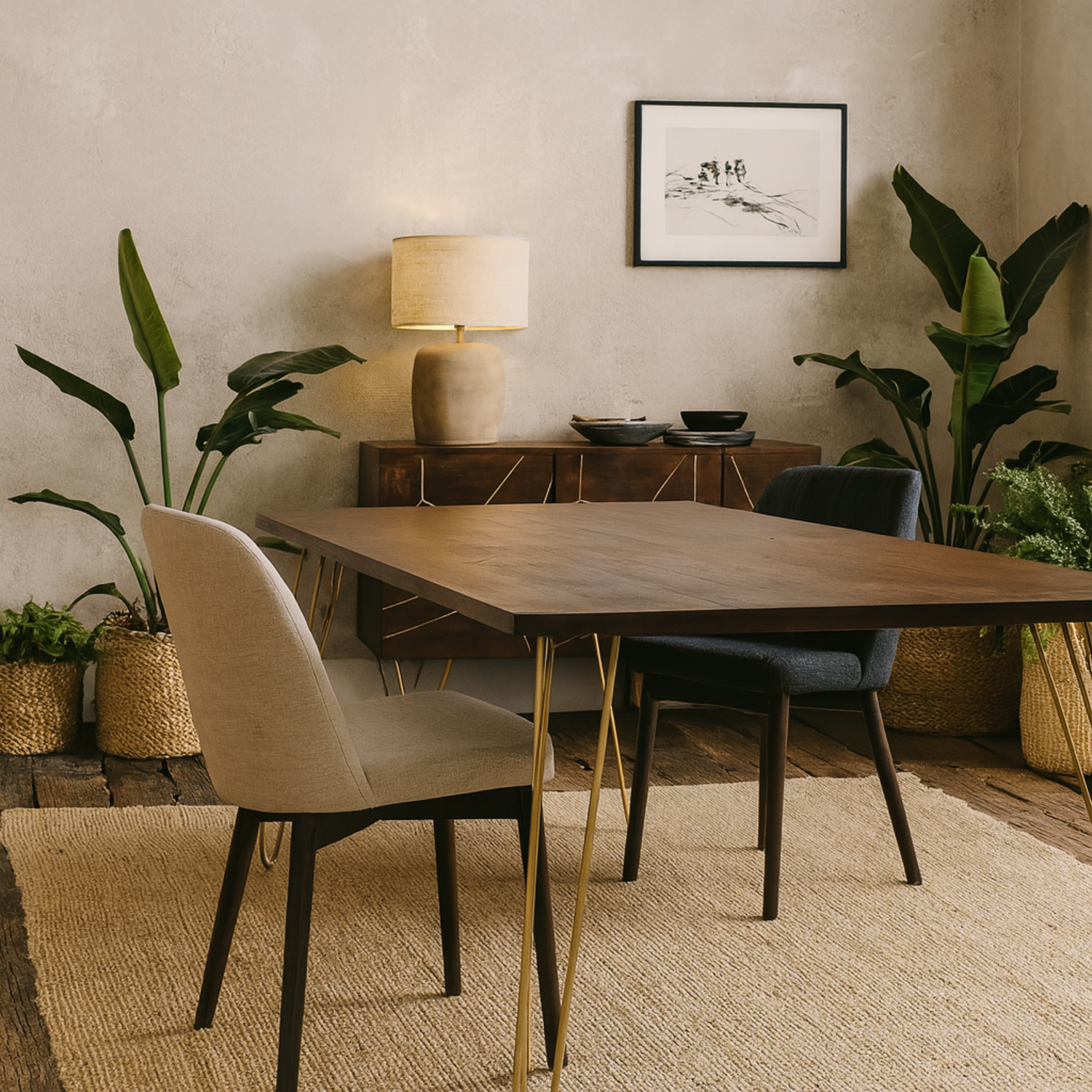 Bandung Dark Mango Wood Dining Table with Gold Inlays and Gold Hairpin Legs - Brown