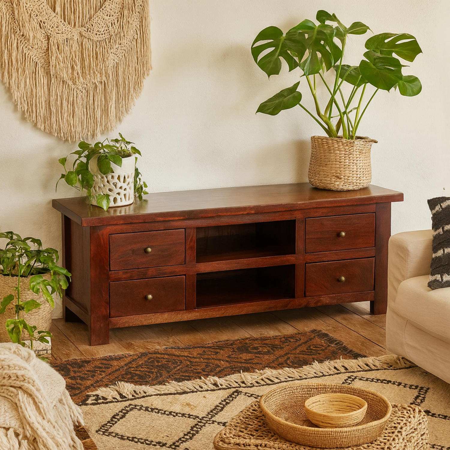 Oxford Mahogany Mango Wood TV Cabinet with 4 Drawers and 2 Shelves - Brown