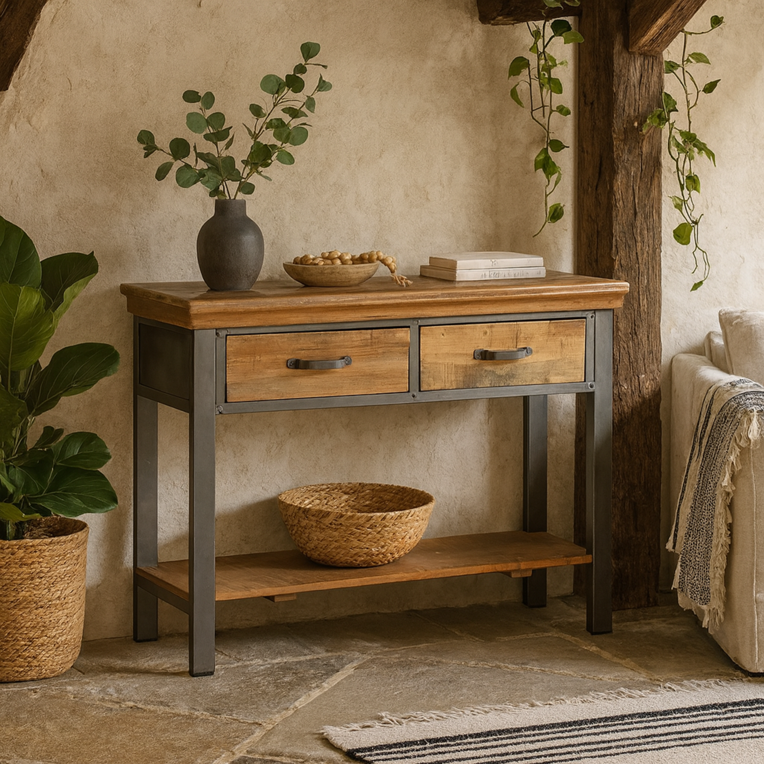 Wyld Haus Sunset Mango 2 Drawer Console Table, Acacia Matt Top - Brown