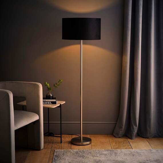 Charlie Chrome Floor Lamp with Black Velvet Shade - Black / No