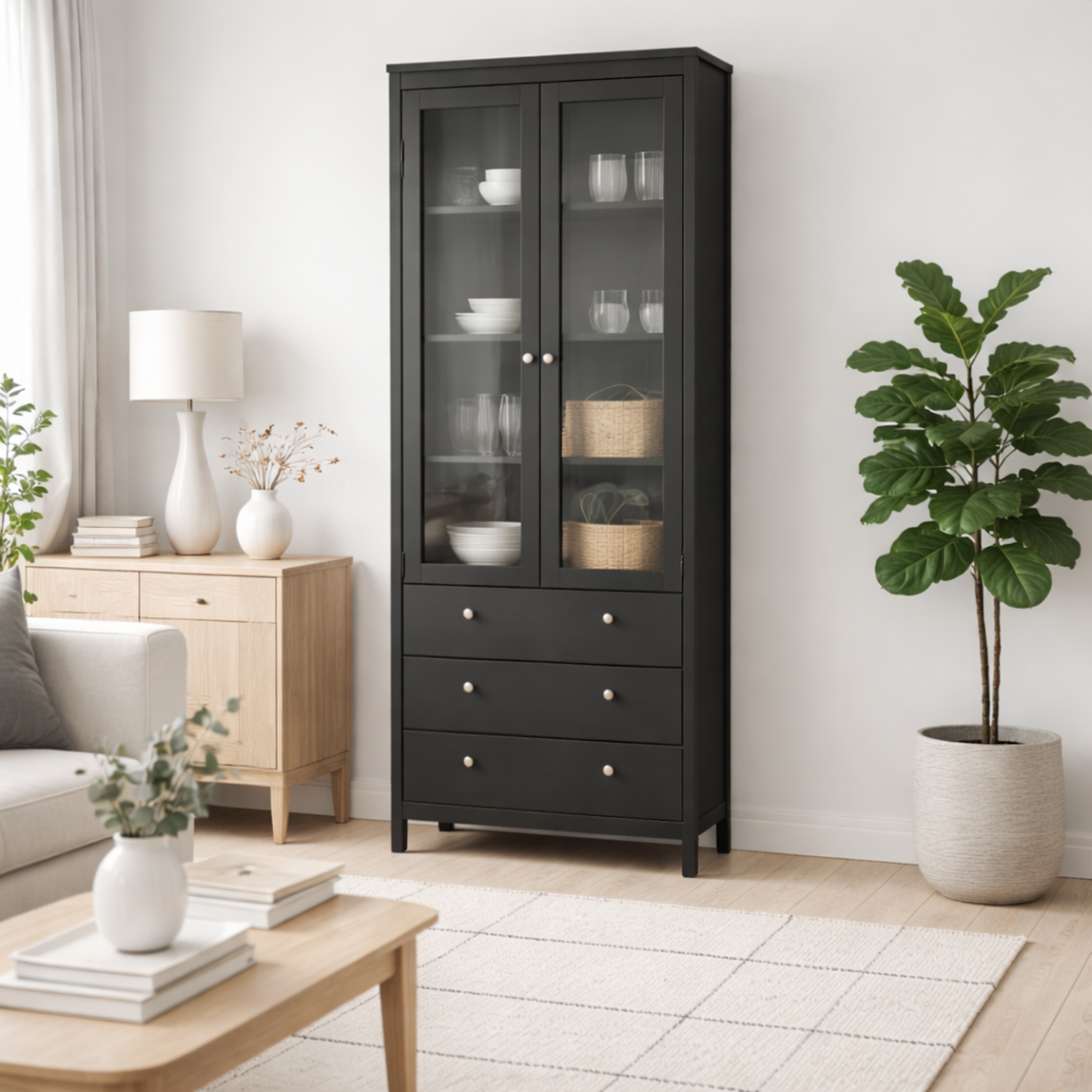 Gossmere Matt Display Cabinet 2 Glazed Doors 3 Drawers - Deep matt black