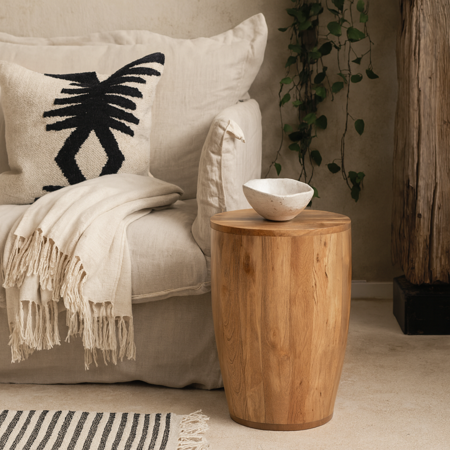 London Mango Wood Drum Side Table Natural Matt Finish - Brown