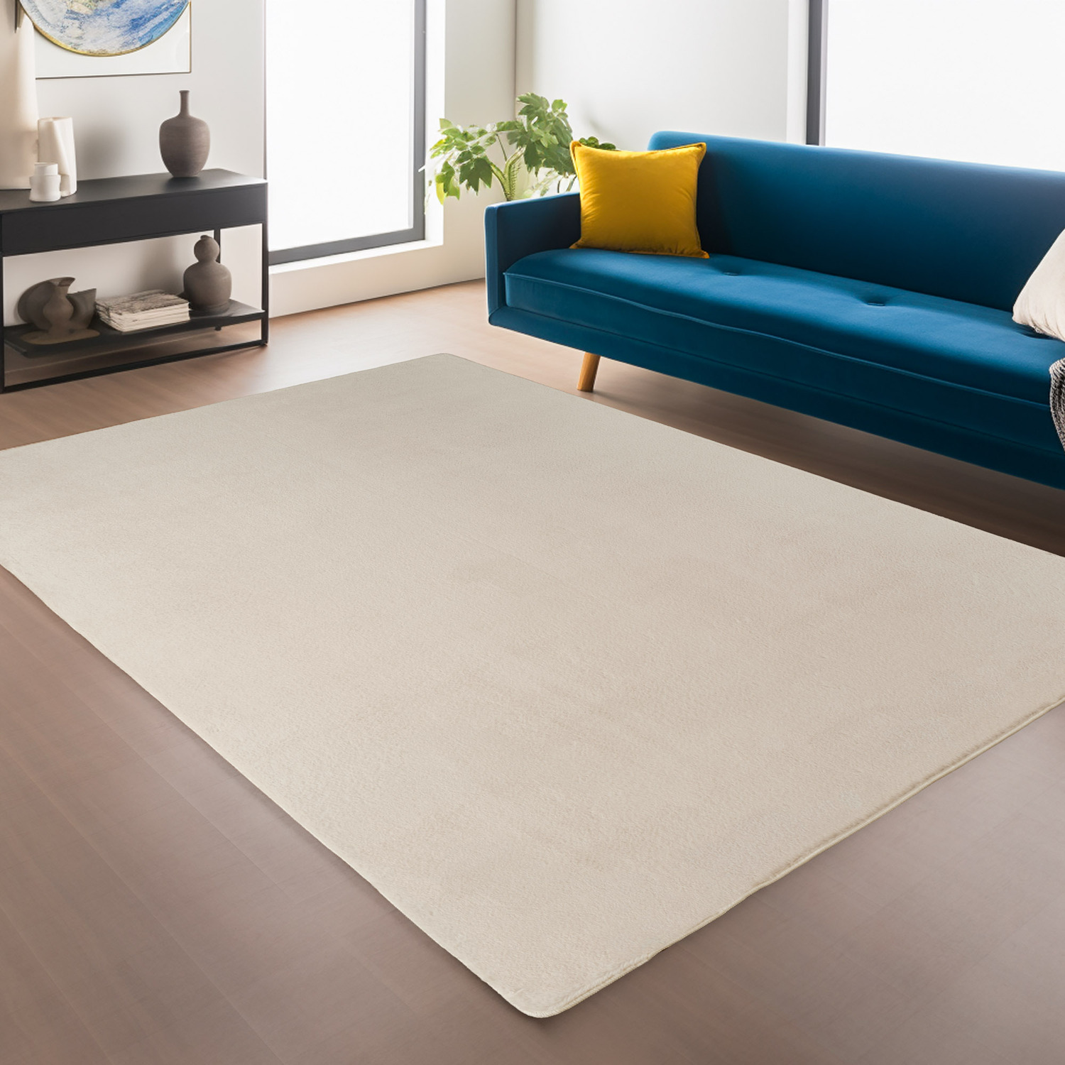 Snuggly Washable Low Pile Living Room Area Rug - Anti-Slip Felt Backing - Cream / 160cm / 120cm