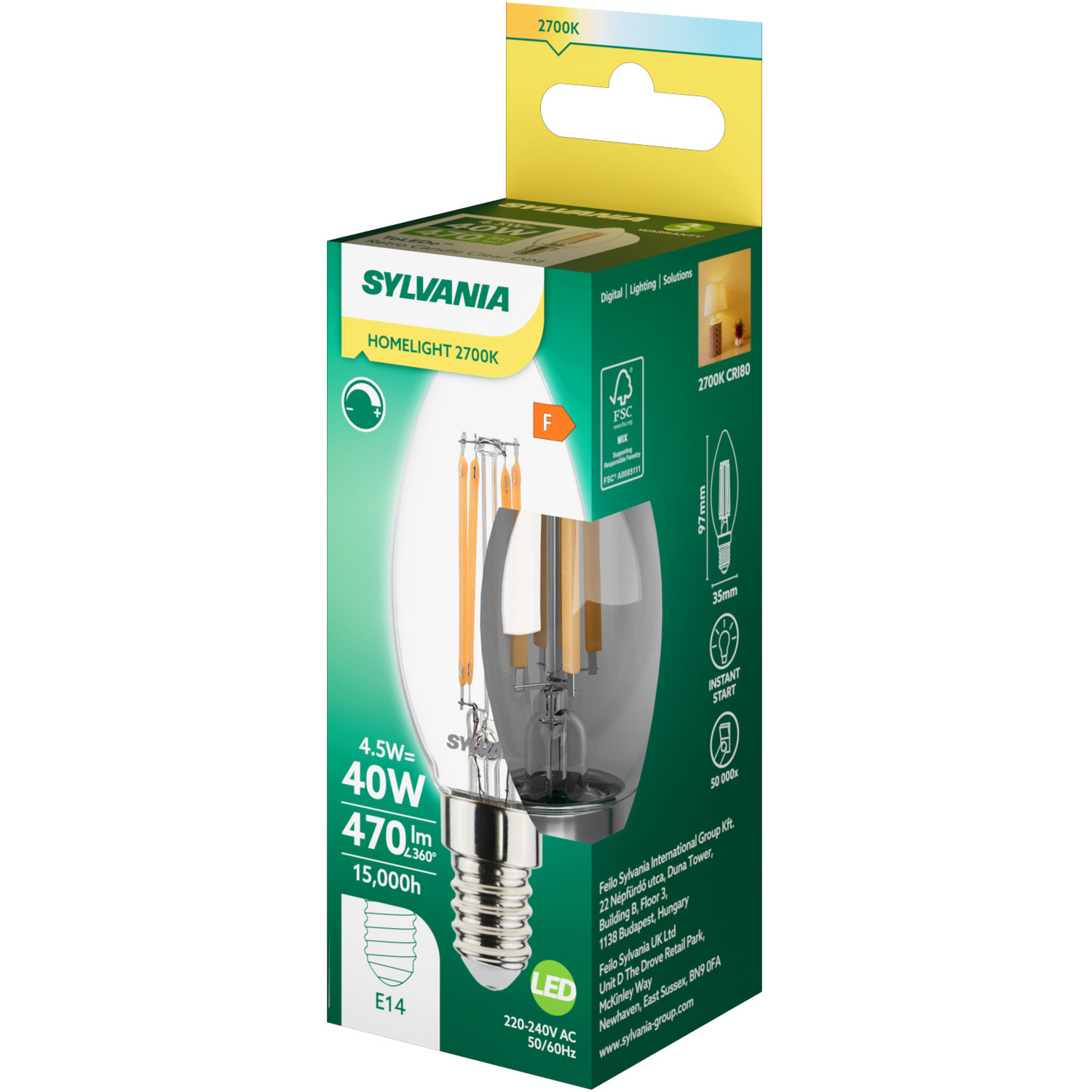 Sylvania Toledo Rt Candle Led Filament Candle Light Bulb E14 470 Lumens Warm Whi - White 0 03kg