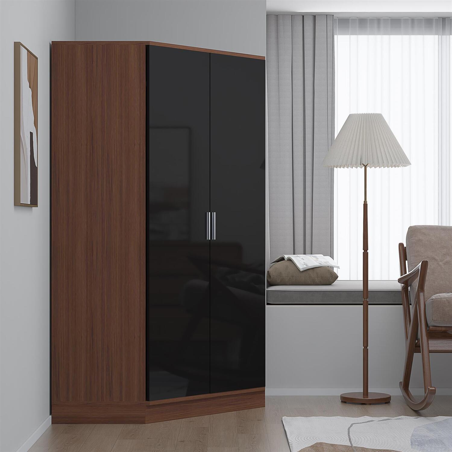 Reflect Wardrobe 2 Door Corner - Black High Gloss Front / Walnut Matt Finish - Black Gloss / Matt Walnut