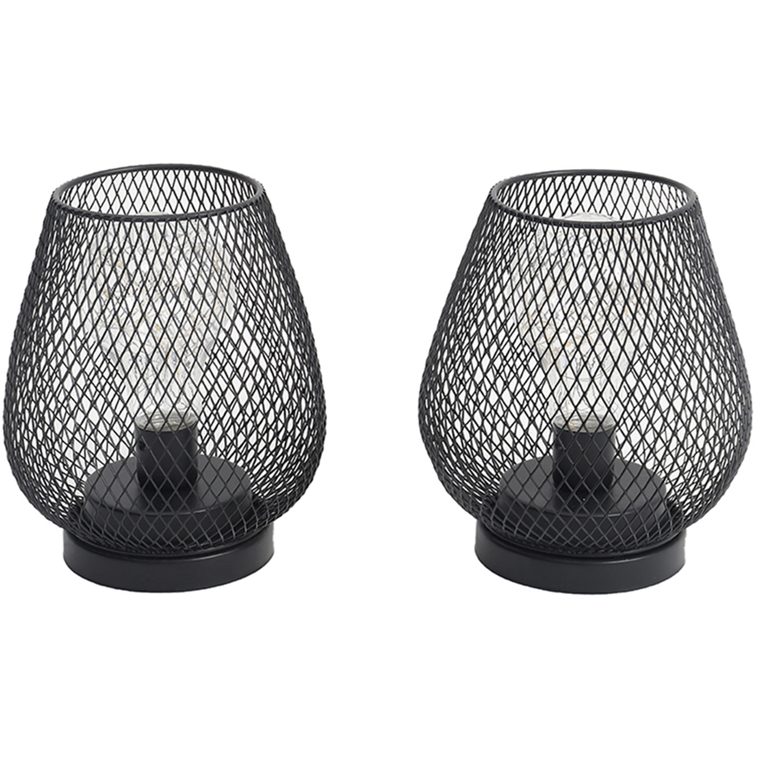 Set of 2 Metal Cage LED Lanterns - Black