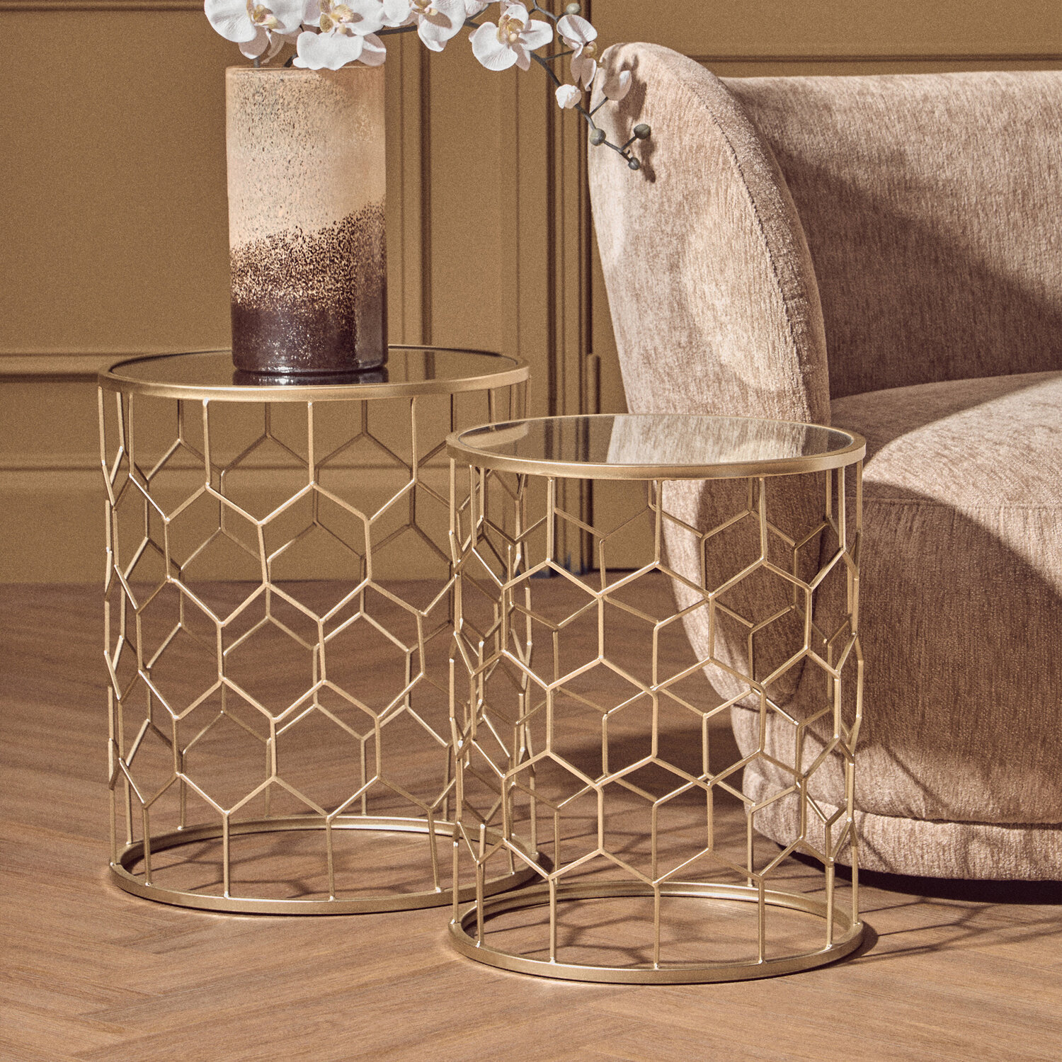 Arcana Set Of Two Honeycomb Side Tables. - Gold, Clear