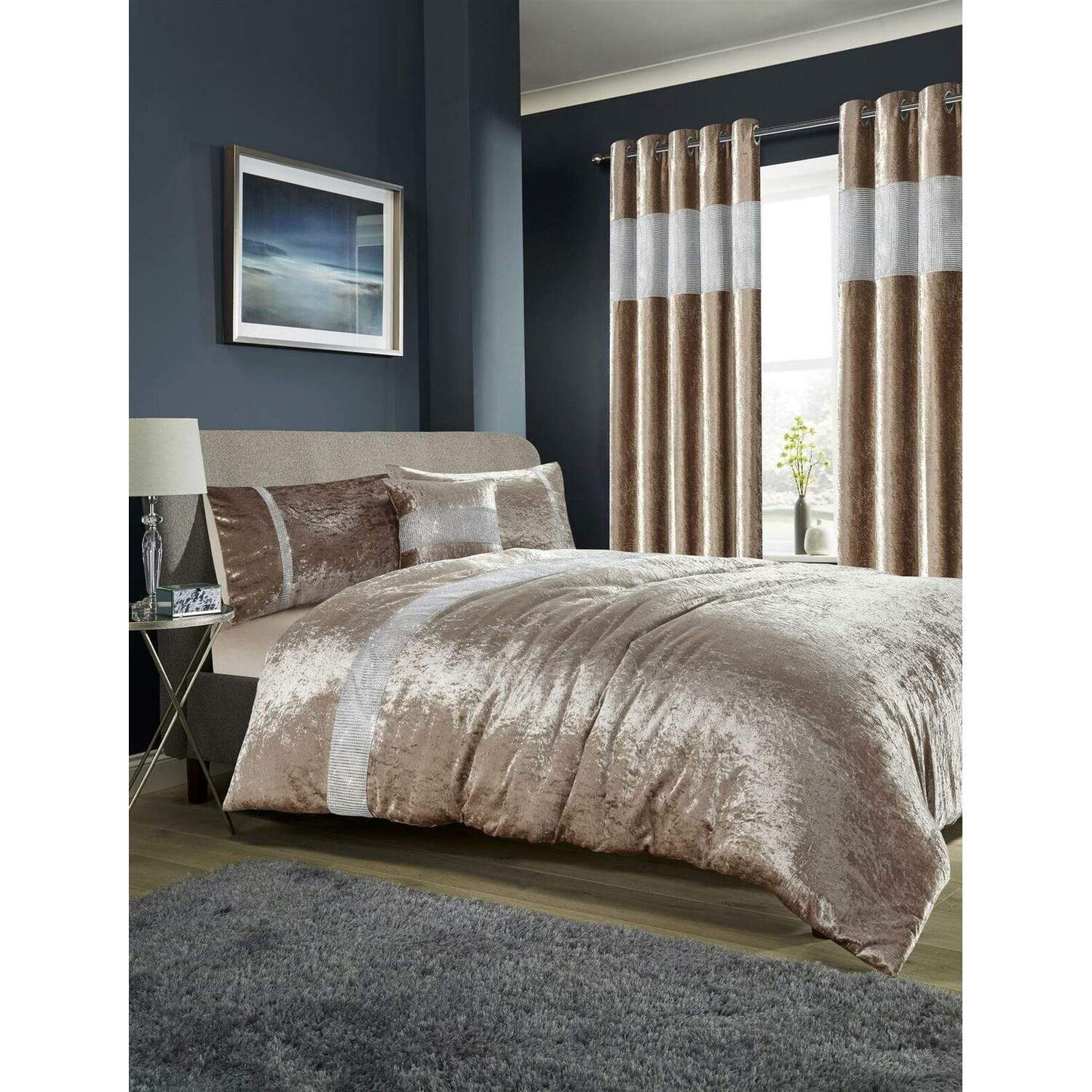 Diamante Crushed Velvet Duvet Set - Champagne Double