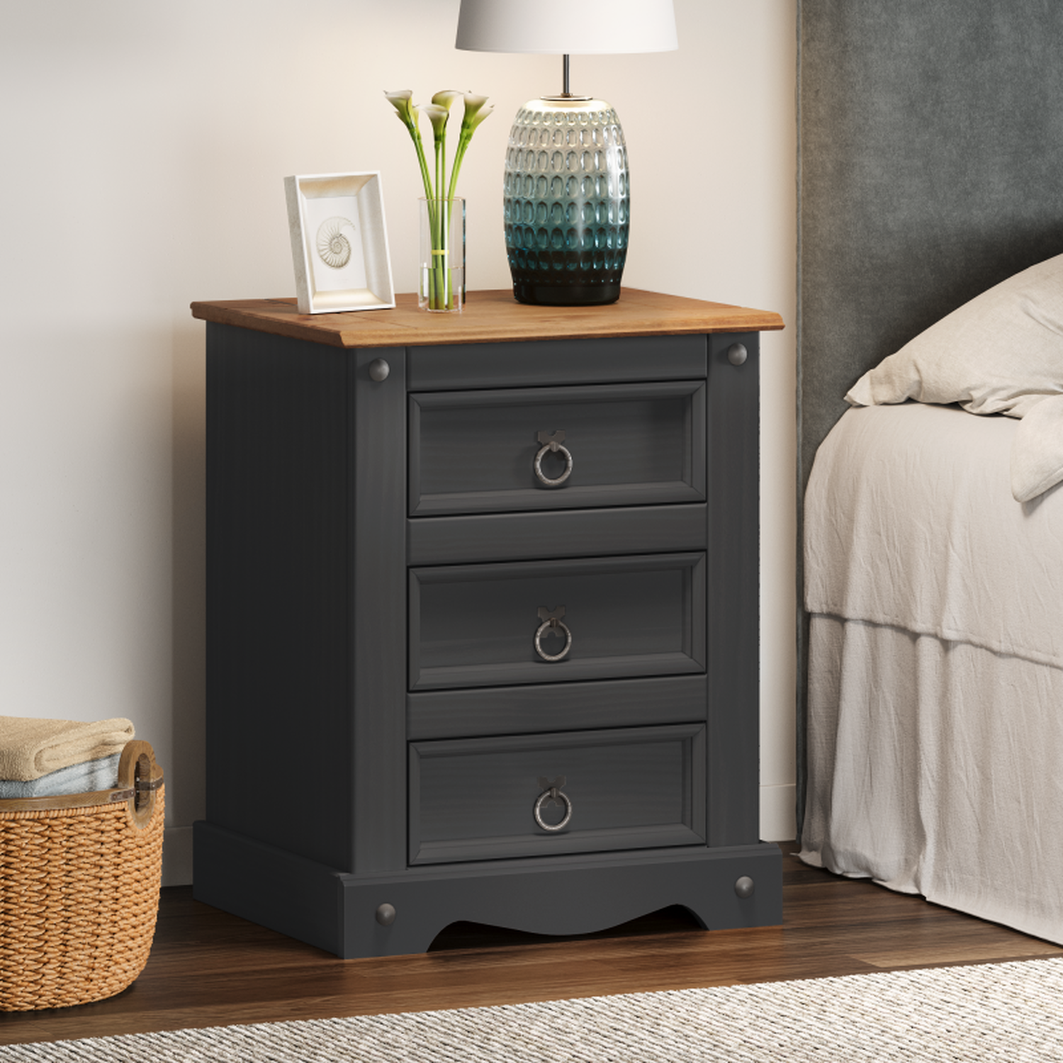 Corona Medium 3 Drawer Bedside Cabinet Solid Wood Pine Wooden - Charcoal