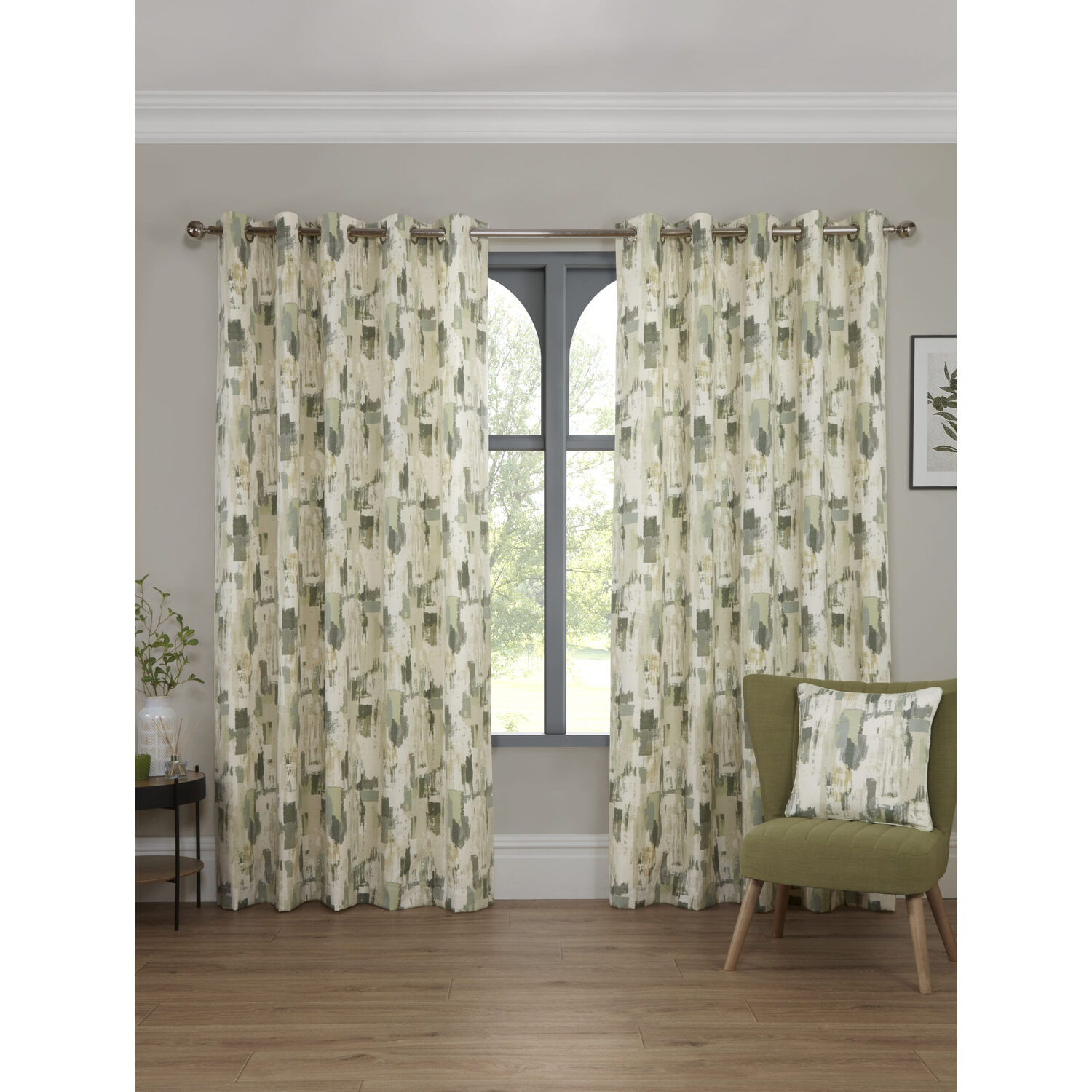 Sundour Bamford Fully Lined Abstract Eyelet Curtains - Polycotton Putty, 117cm x 183cm (Pair) - Fennel / 168.0cm / 183.0cm