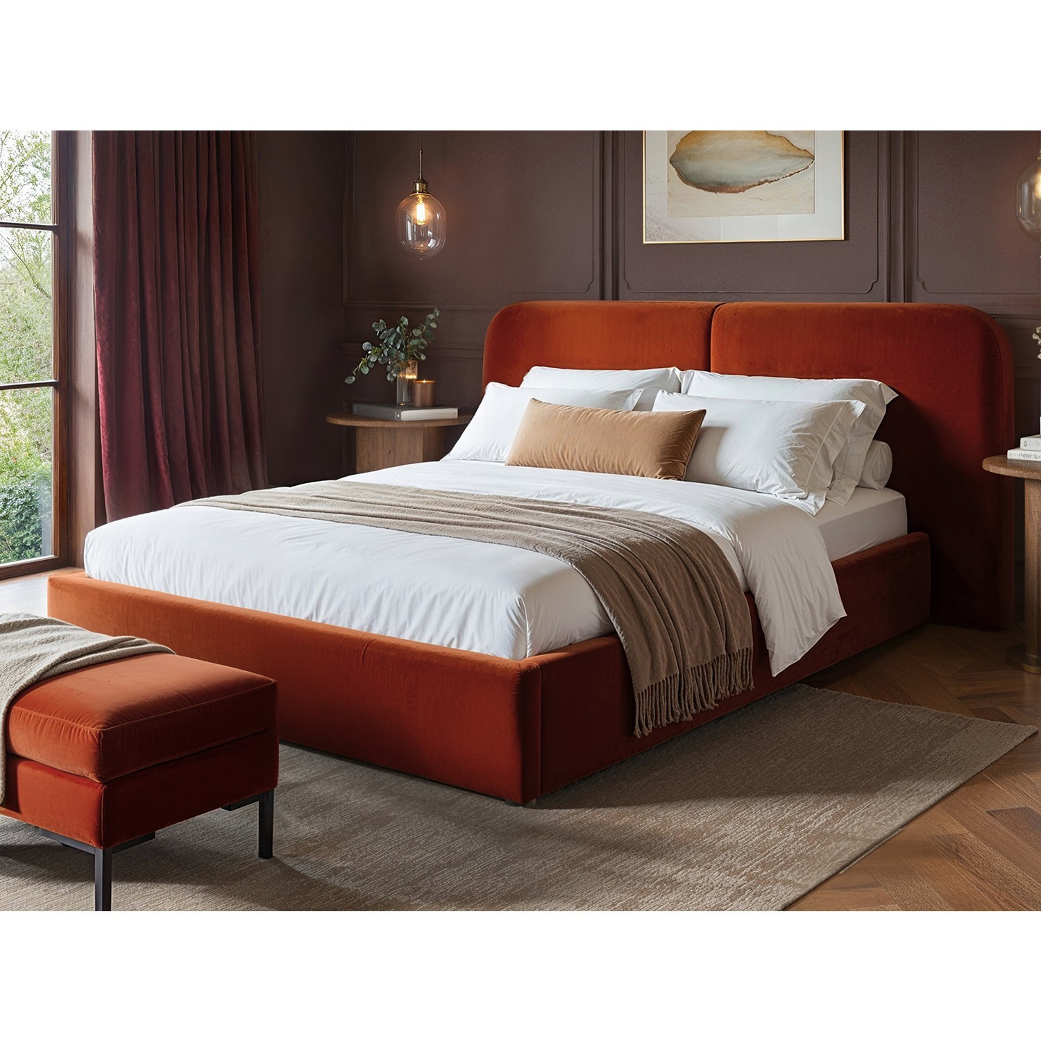 Solace+Co Lena Kingsize Ottoman Bed Burnt Orangevelvet, Orange