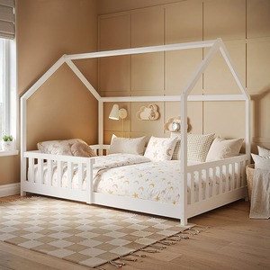 Explorer Small Double Play House Floor Bed with Rails Wooden White