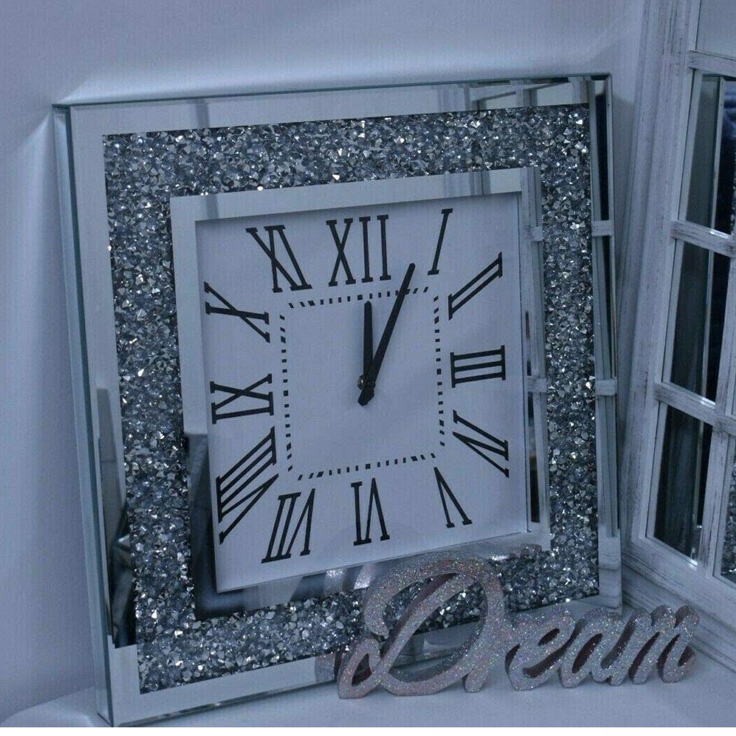 Biznest Crushed Diamante Square Wall Clock - Silver