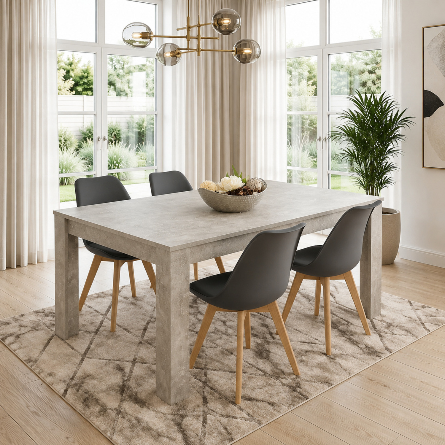 Kosy Koala Stone Grey Effect Wood Dining Table Set With 4 Grey Plastic Chairs Modern Dining Room Furniture - Grey