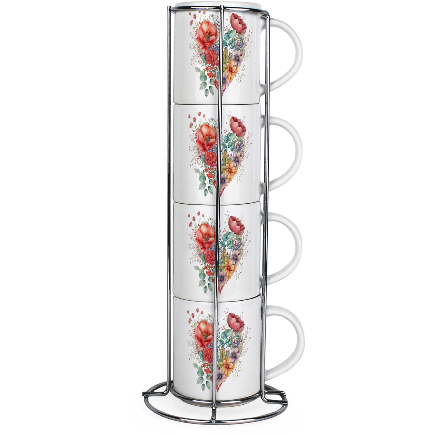 B&Q - Floral Heart Stacking Mugs SetFlower Presents For HerSet Of 4 Ceramic Mugs Gift Set With Metal Stand - Image 2