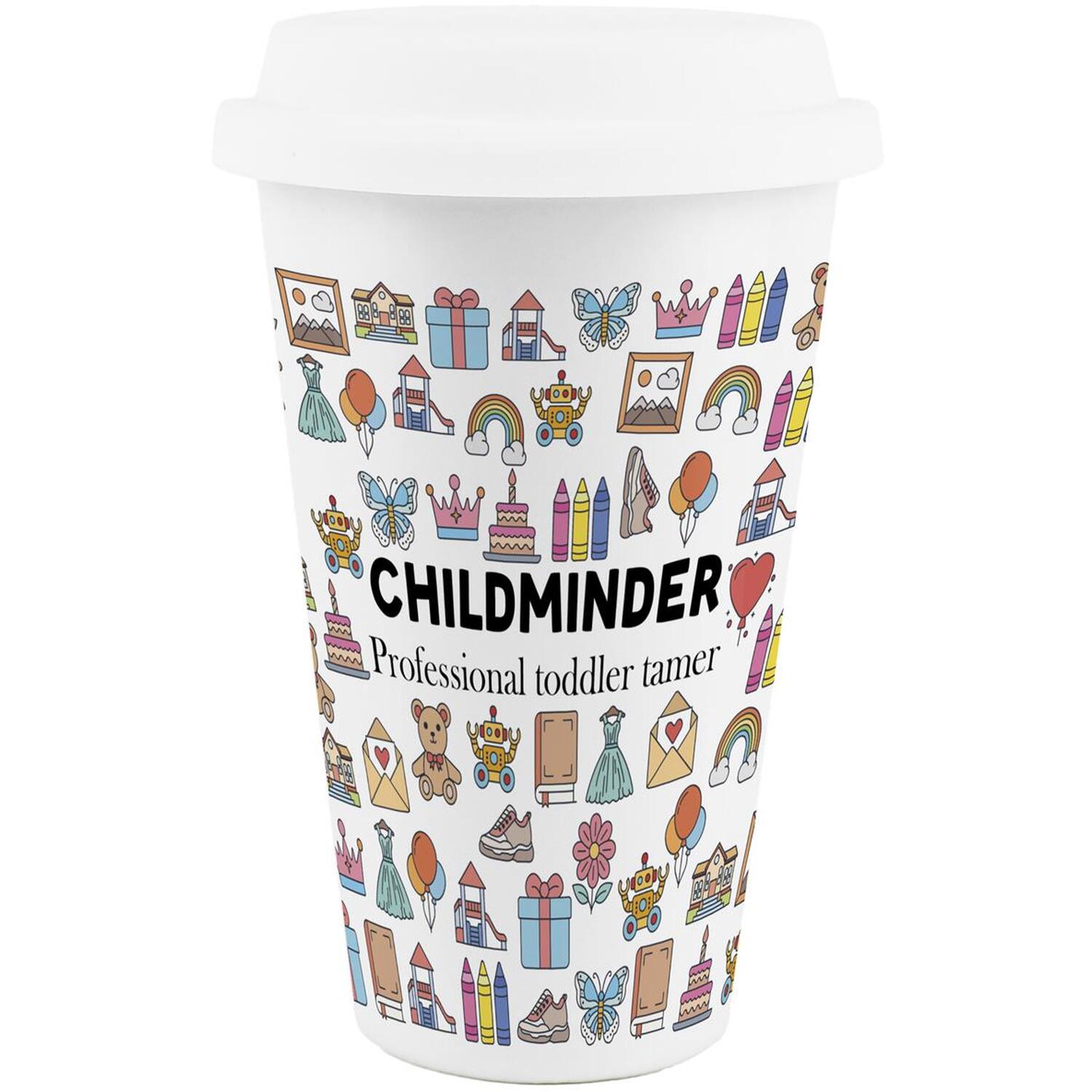 Purely Home Novelty Childminder Ceramic Travel Mug - Reusable Drinks Cup Gift - White