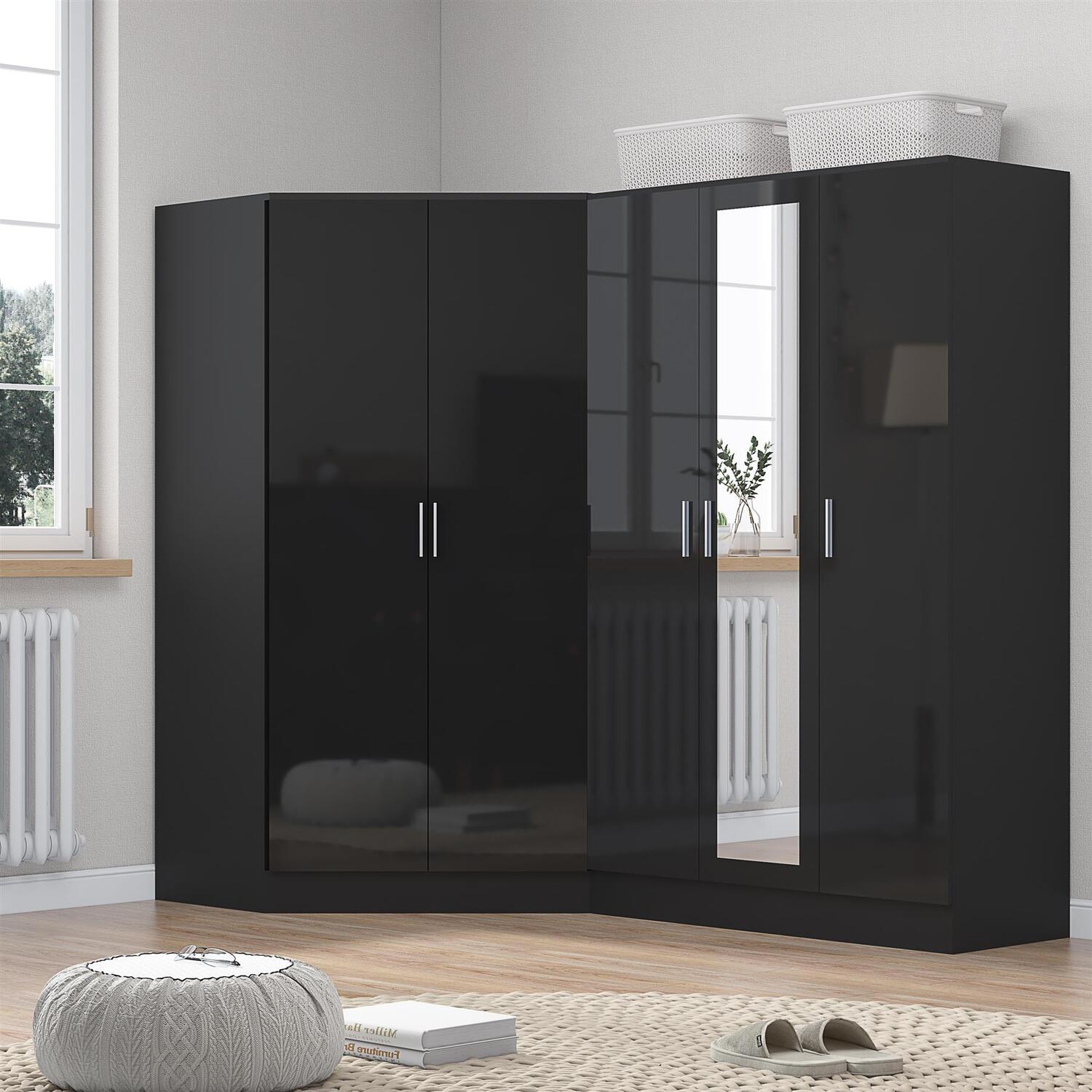 REFLECT Black Gloss Wardrobe Bundle - Corner + 3 Door Mirror - Black / Black - Image 7