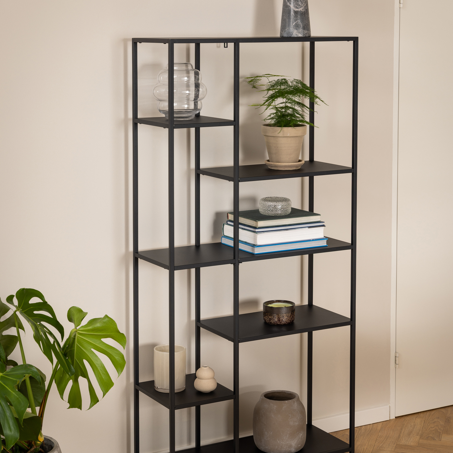 Furniture To Go Newcastle Asymmetrical Bookcase With 6 Shelves In Matt Black - Black