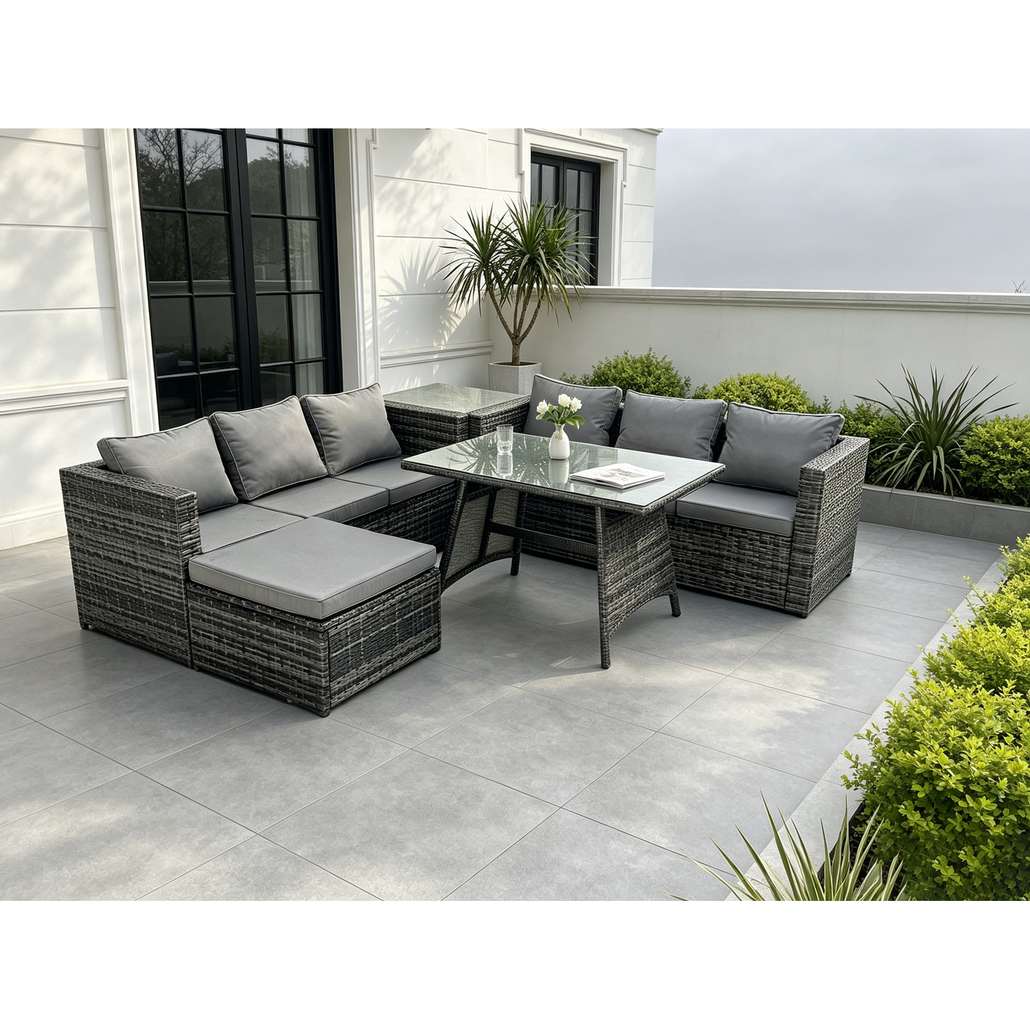 B&Q - 7 Seater Rattan Garden Dining Set Outdoor Furniture Sofa With Dining Table Big Footstool Side Table - Image 2