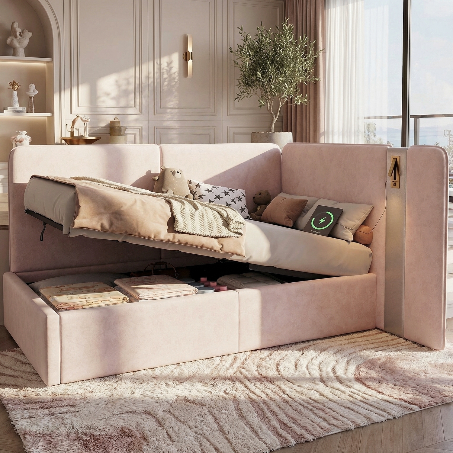 Aka L-Shaped Upholstered Daybed With Storage - Pink