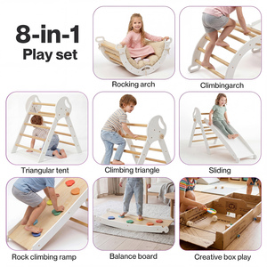 8 in 1 Triangle Climbing Set Kids Wooden Climber with Arch Slide White