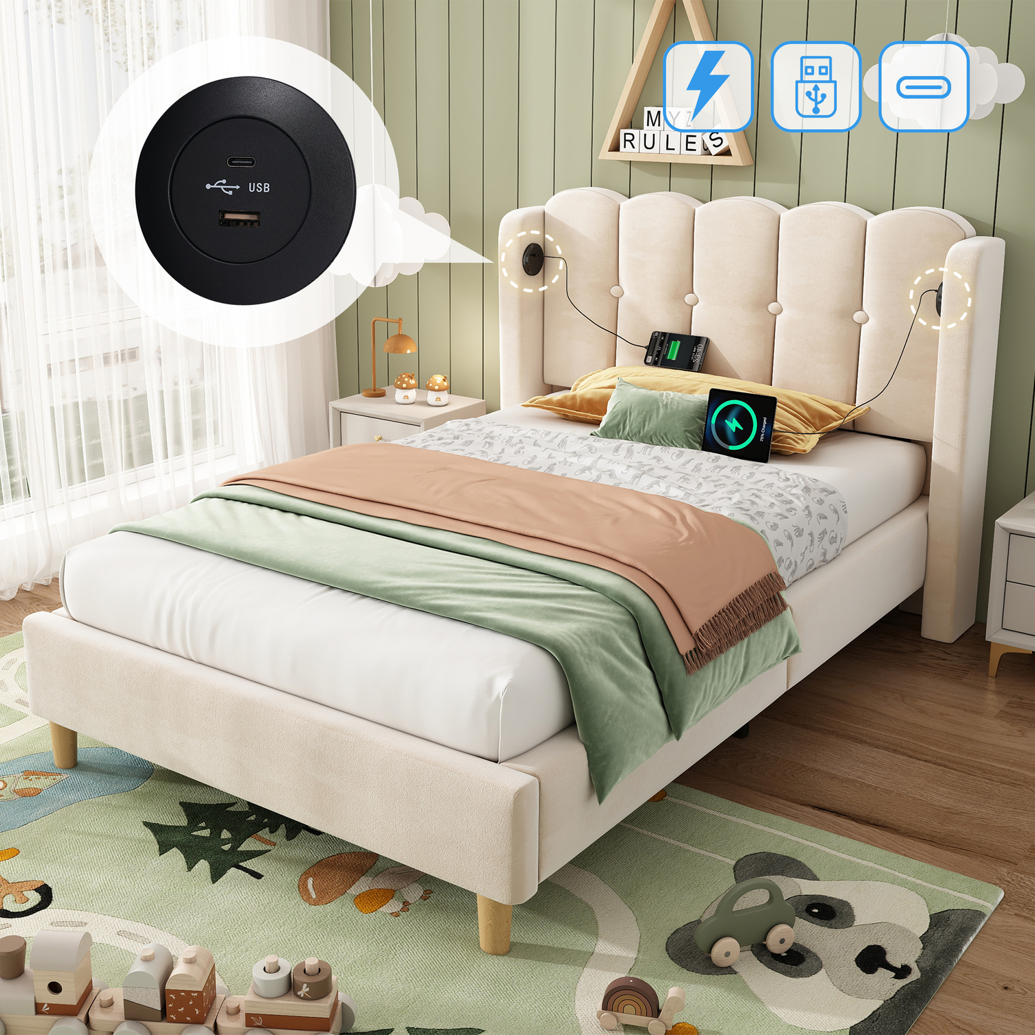 Aka Single Velvet Bed With Usb & Type-C Charging - Cream