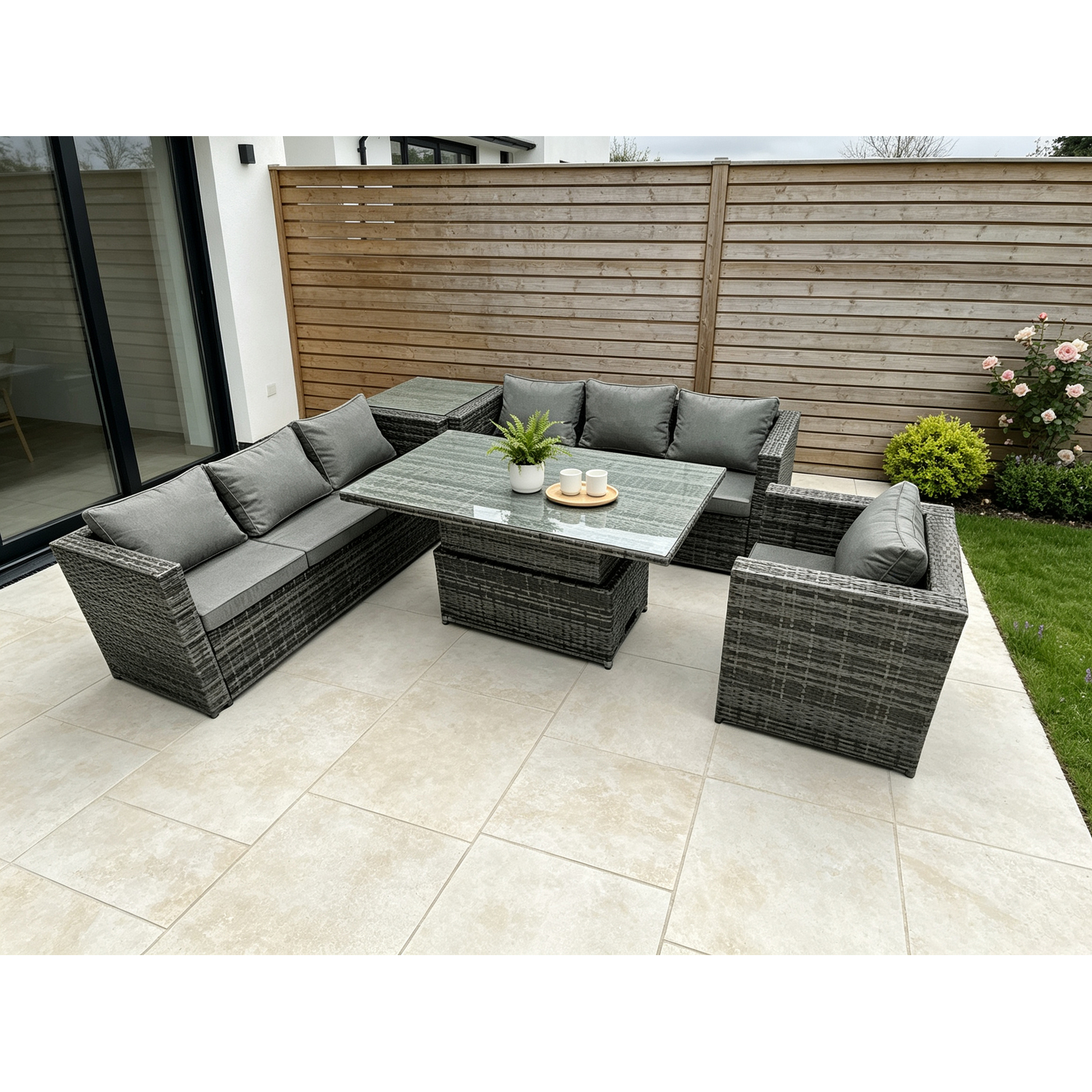 Fimous Unisex Dark Grey Seater Wicker Garden Furniture Rattan Sofa Set Outdoor Adjustable Rising Lifting Dining Table Set Armchair In Size 7 - Image 2