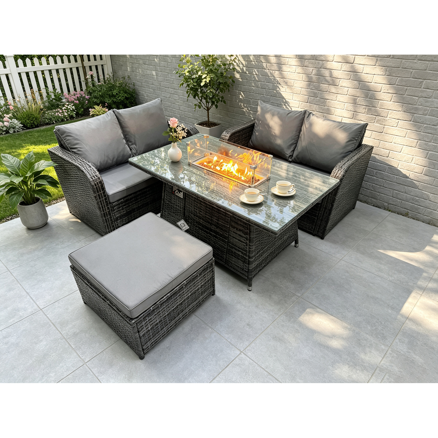 Fimous Unisex Dark Grey Rattan Garden Furniture Set With Gas Fire Pit Table Footstool Pieces Outdoor Loveseat Sofa Set Mixed Size 4 - Image 2