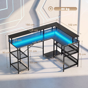 HOMCOM L Shaped Gaming Desk w/ LED Lights and Power Outlets, Black