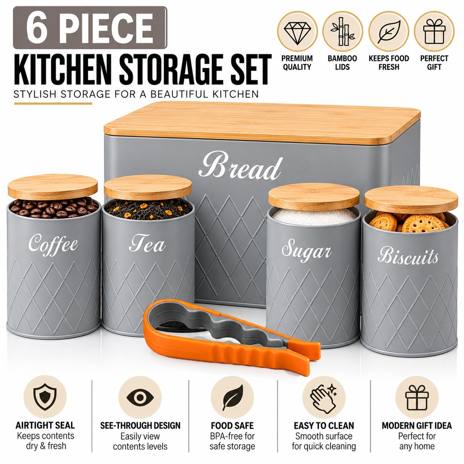 Atek 6Pcs Kitchen Storage Canister Bamboo Lids Tea Coffee Sugar Tins