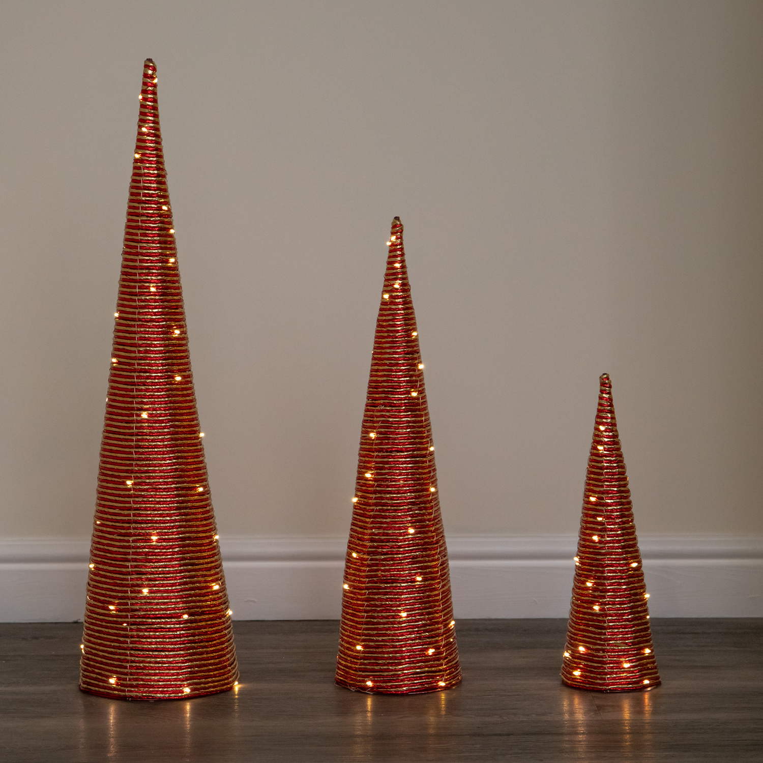 Premier Set Of 3 Light Up Christmas Cone Trees With Warm White Leds & Timer - Image 3