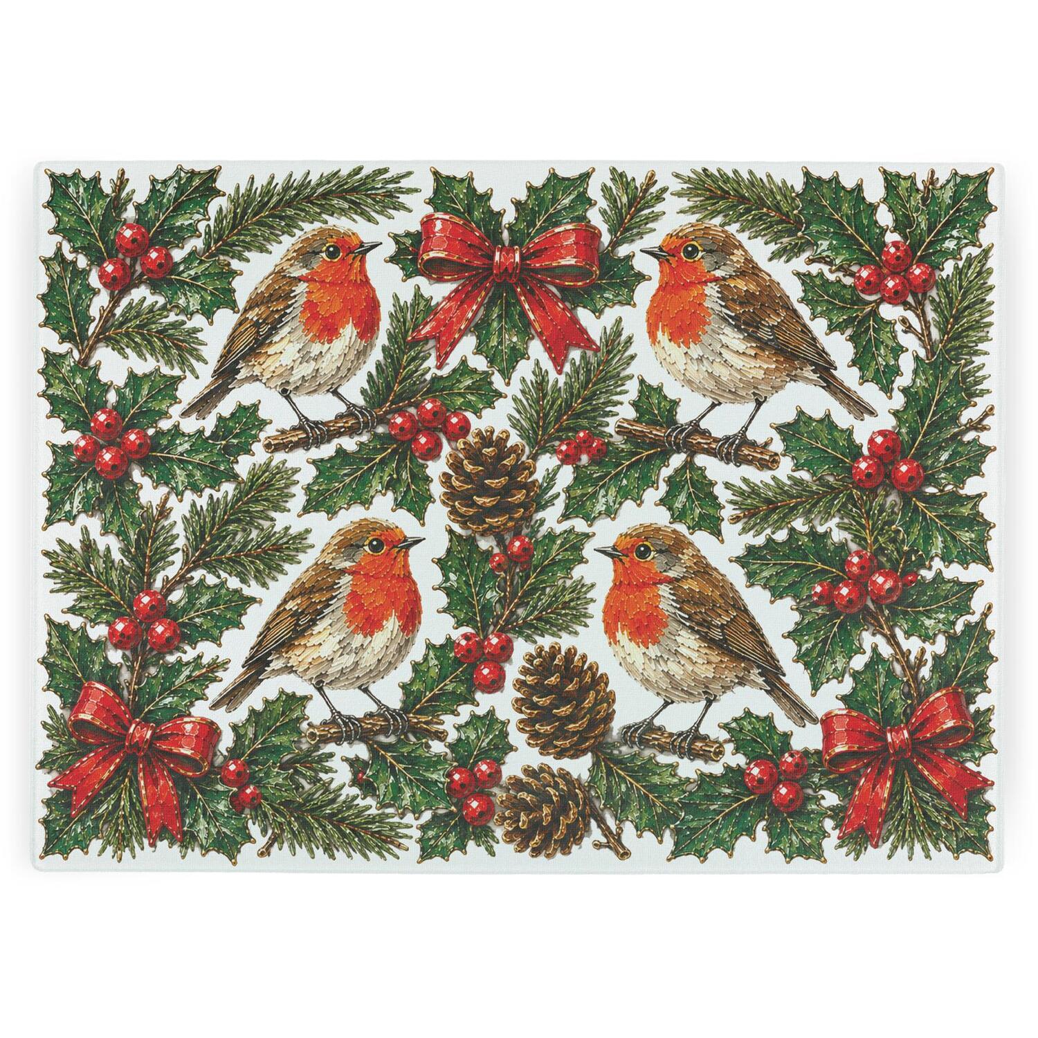 Purely Home Festive Robins Textured Glass Christmas Worktop Protector - Large Kitchen Chopping Board - Multicoloured